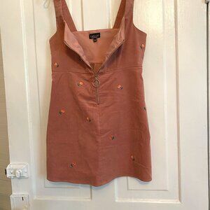 Topshop Pink Corduroy Zip Up Mini Dress with Floral Embroidery